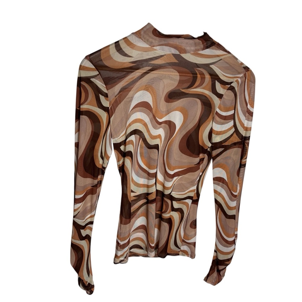 Willow & root abstract swirl nude & brown long sleeve mesh semi sheer blouse